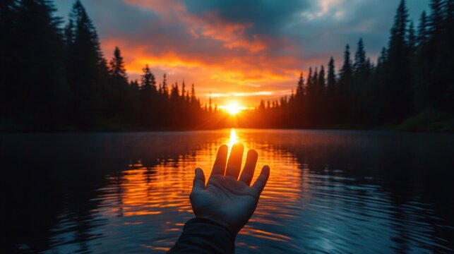 A hand reaching out over a calm river at sunset with vibrant orange and blue reflections surrounded by dense pine trees under a dramatic cloudy sky