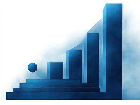 Blue 3D bar chart with ascending bars and a sphere on steps symbolizing growth and progress in a misty background