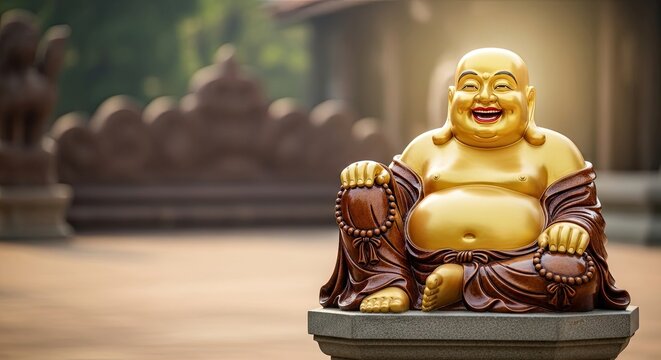 A laughing Buddha statue in a temple setting.