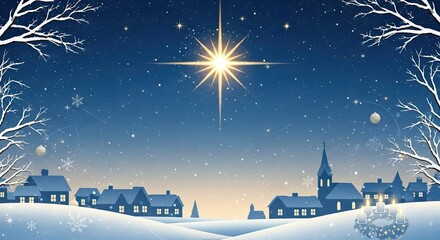 Naklejka premium A serene winter landscape with a star shining above a snow-covered village, featuring a church steeple and a snow-covered tree in the foreground.
