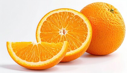 Close up of a whole orange and a sliced orange with a wedge against a clean white background with studio lighting highlighting the texture and vibrant color of the fruit