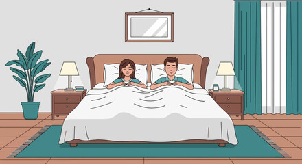 Illustration of a man and woman lying in bed with pillows, surrounded by a plant, lamps, and a framed picture on the wall in a cozy bedroom setting.