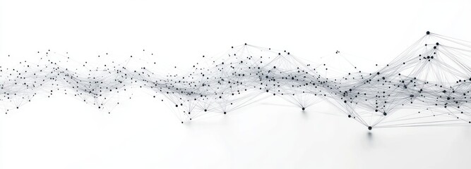 Abstract network of connected black dots and lines forming a complex wave-like pattern on a white background, symbolizing data flow and connectivity