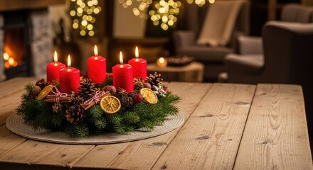 A beautifully arranged Christmas wreath with red candles and pine cones on a wooden table.