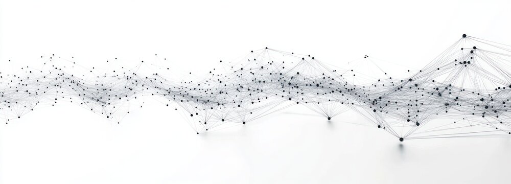 Abstract network of connected black dots and lines forming a complex wave-like pattern on a white background, symbolizing data flow and connectivity