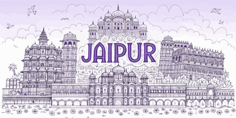 Jaipur Skyline Sketch with Hawa Mahal, Amer Fort, Jal Mahal, and City Palace | Cultural Rajasthan Line Art for Tourism, Travel Posters, Gifts, and Wall Decor