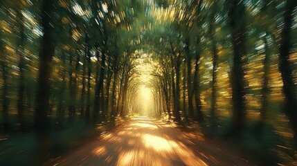 Naklejka premium A sunlit forest pathway with tall green trees forming a natural tunnel and blurred motion effect creating a dynamic, dreamy atmosphere