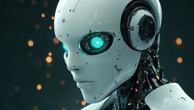 Close-up of a futuristic humanoid robot with glowing blue eyes and intricate mechanical details displaying a calm and focused expression