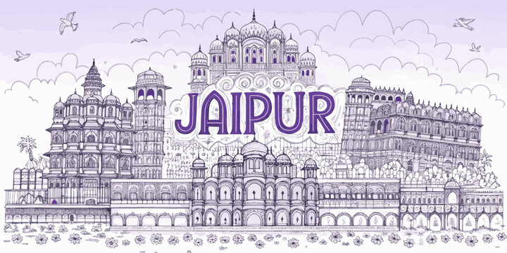 Jaipur Skyline Sketch with Hawa Mahal, Amer Fort, Jal Mahal, and City Palace | Cultural Rajasthan Line Art for Tourism, Travel Posters, Gifts, and Wall Decor