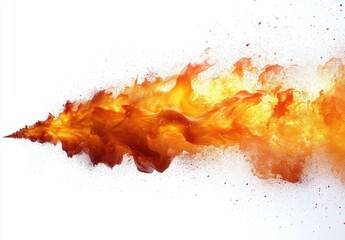 Fototapeta premium Dynamic explosion of orange and yellow powder creating a fiery, energetic plume against a white background
