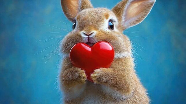 cute small brown bunny holding a shiny red heart with its paws against a soft blue background showing affection and warmth - Powered by Adobe