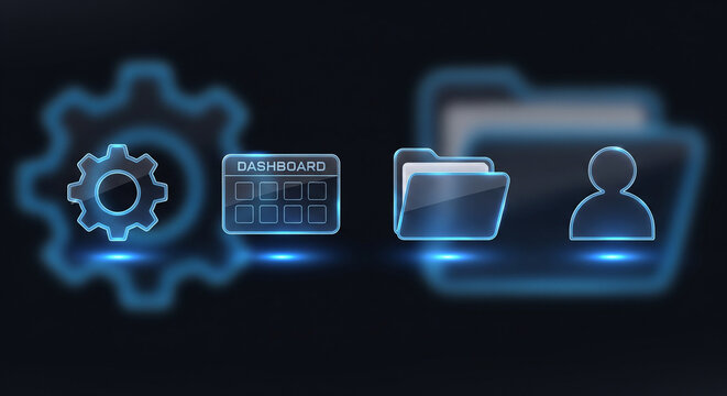 Digital interface icons representing settings, dashboard, folder, and user profile - Powered by Adobe