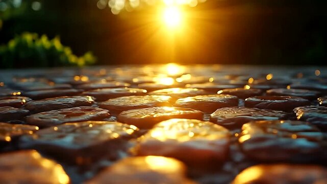 Sunkissed cobblestone path leading into sunset