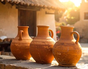 Three clay pots glow under bright rustic sunlight