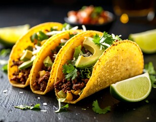 Three crunchy tacos with beef, avocado, and lime