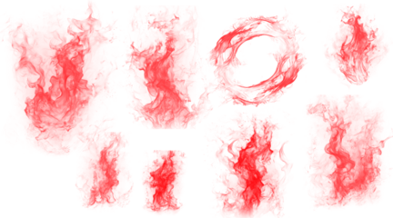 Collection of abstract red shapes with textured edges, resembling blots, splatters, or paint strokes on a black background, ideal for graphic design overlays.