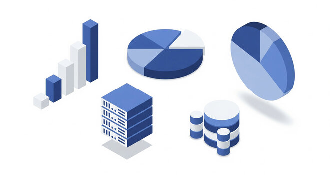 Isometric data visualization elements and business analytics graphics, featuring various charts, graphs, and database representations for financial reporting and technological insights