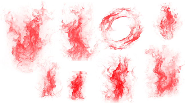 Collection of abstract red shapes with textured edges, resembling blots, splatters, or paint strokes on a black background, ideal for graphic design overlays.