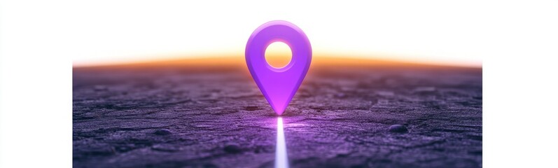 A purple location pin glowing and standing upright on a cracked, dry earth surface with a bright horizon light in the background suggesting navigation or discovery