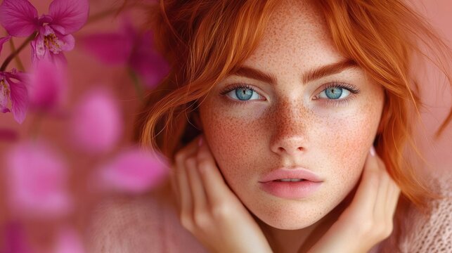 Close-up portrait of a red-haired young woman with blue eyes and freckles surrounded by soft pink flowers, conveying calmness and gentle beauty