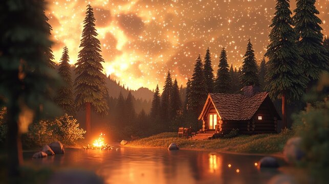 Cozy log cabin glowing warmly beside a calm lake surrounded by tall pine trees under a starry night sky with a blazing campfire nearby