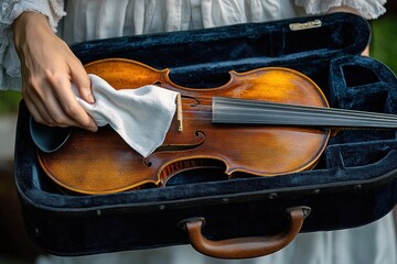 Obraz premium Person carefully cleaning a wooden violin resting in a black velvet-lined case with a white cloth, highlighting delicate care and preservation