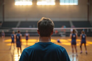Young male volleyball player observing teammates on indoor court with sunlit floor and high windows