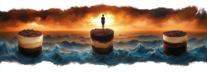 Silhouette of a person standing on a layered cake-like pillar surrounded by turbulent blue ocean waves under dramatic orange and dark clouds at sunset