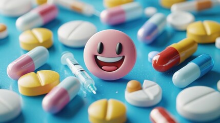 Close-up of various colorful pills, capsules, and a syringe on a blue surface with one smiling round pink pill featuring a happy face