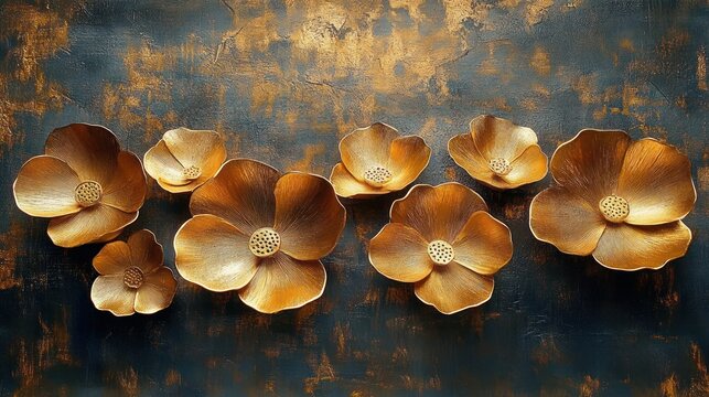 metallic golden flower wall art with seven large petals on a rustic textured dark background creating an elegant and warm decorative display