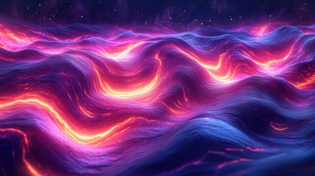 Glowing purple and orange molten lava waves flowing over a textured surface under a starry sky, evoking a sense of fiery energy and cosmic mystery