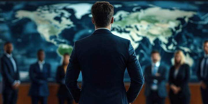 Business leader in suit standing confidently facing a group of professionals with a large world map in the background conveying leadership and global strategy - Powered by Adobe