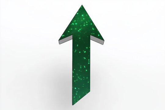 three-dimensional green arrow pointing upward with glowing light spots on a white background
