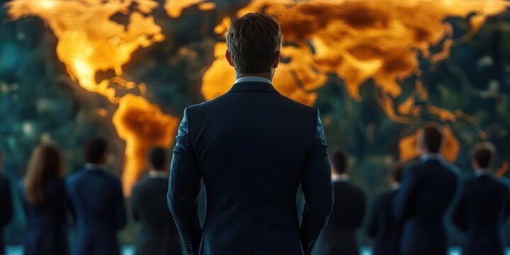 Group of businesspeople in formal suits standing and looking at an illuminated large world map, showcasing global strategy and collaboration