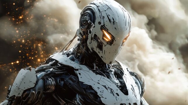 futuristic robotic figure with glowing eyes in a smoky and fiery background, conveying intensity and power