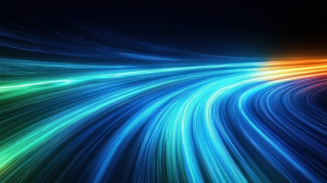 Dynamic flowing light trails in vibrant blue, green, and orange colors creating a sense of speed and motion on a dark background