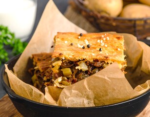 Two Slices of Savory Vegetable Pie in a Skillet