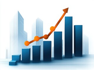 3d bar chart with ascending blue bars and an orange upward-trending line graph set against a transparent cityscape background