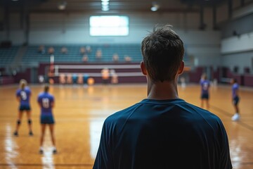 Young man watching a volleyball game indoors with players in blue uniforms focused on the match in a large gymnasium