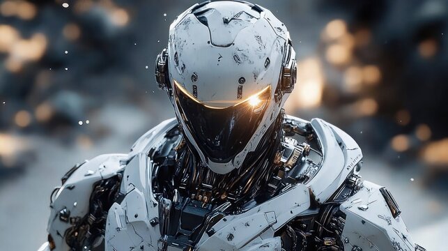 futuristic white combat robot with sleek armor and glowing visor standing against blurred smoky background