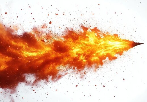 intense burst of fiery explosion with flying debris and bright flames against a white background
