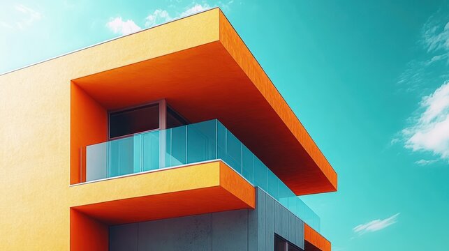 Modern building corner with bright orange geometric roof and glass balcony against a clear blue sky