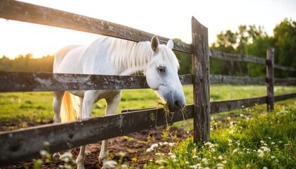White horse by weathered fence at sunset, pasture!