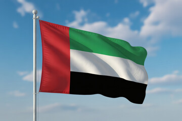 Vibrant United Arab Emirates flag waving proudly against a beautiful blue sky, perfect for travel or cultural projects