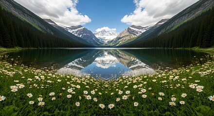 Scenic Mountain Lake Landscape with Snow-capped Peaks Green Forest and Wildflowers