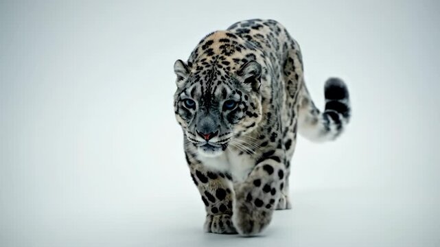 Majestic Snow Leopard Prowling Through a Pristine White Winter Landscape.