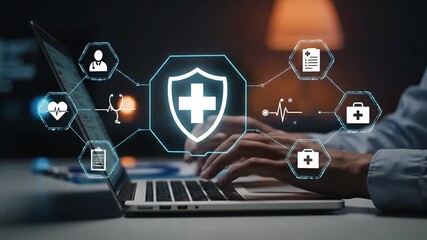 Doctor typing on laptop with medical and healthcare icons - Powered by Adobe