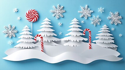 Winter holiday scene with white paper-cut pine trees, snow-covered hills, large decorative snowflakes, and red and white candy canes and lollipop against a light blue background