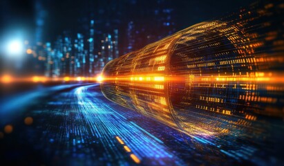 Futuristic digital tunnel with glowing golden and blue binary code streams representing high-speed data transmission and advanced technology