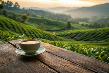 cup of tea on wooden surface overlooking lush green tea plantation hills with misty mountains in background